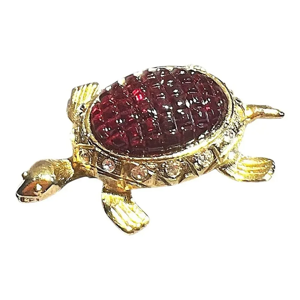 Elegant Gold tone with carved Red stone & Rhinestones Tiny Turtle Brooch